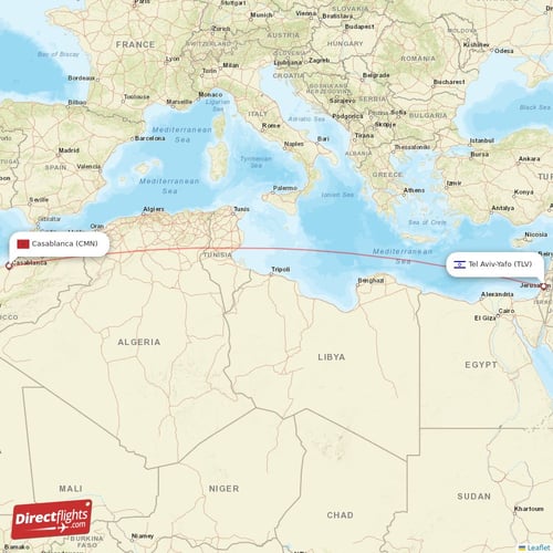 Tel Aviv-Yafo - Casablanca direct flight map