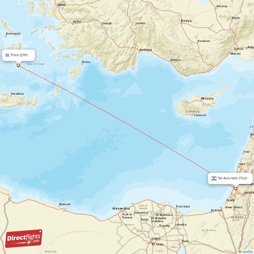 Tel Aviv-Yafo - Thira direct flight map
