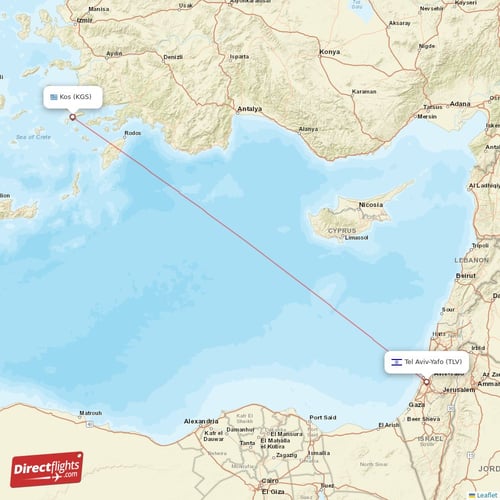 Tel Aviv-Yafo - Kos direct flight map