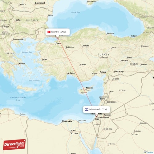 Tel Aviv-Yafo - Istanbul direct flight map