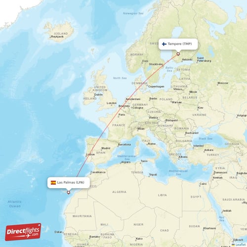 Tampere - Las Palmas direct flight map