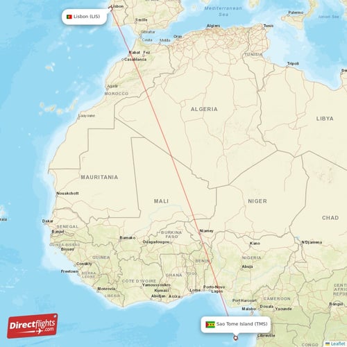 Sao Tome Island - Lisbon direct flight map