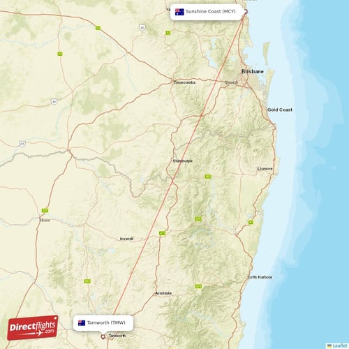 Tamworth - Sunshine Coast direct flight map