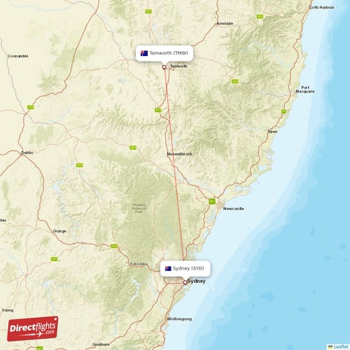 Tamworth - Sydney direct flight map