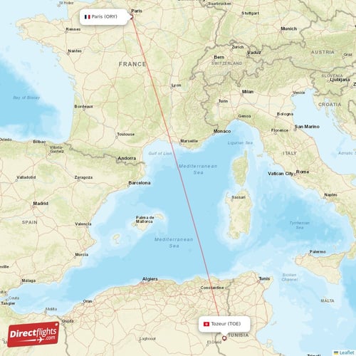Tozeur - Paris direct flight map