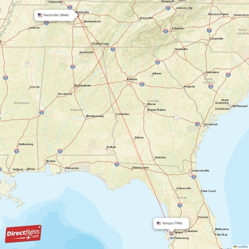 Tampa - Nashville direct flight map
