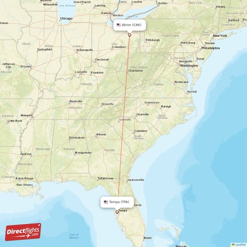 Tampa - Akron direct flight map