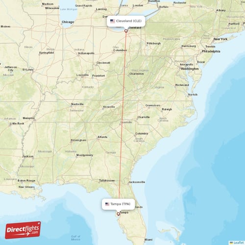 Tampa - Cleveland direct flight map