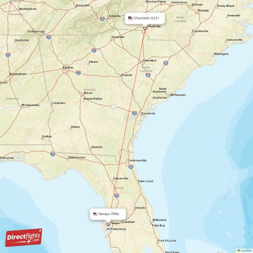 Tampa - Charlotte direct flight map