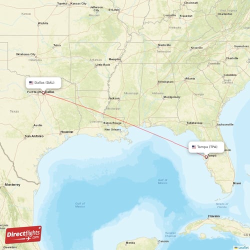 Tampa - Dallas direct flight map