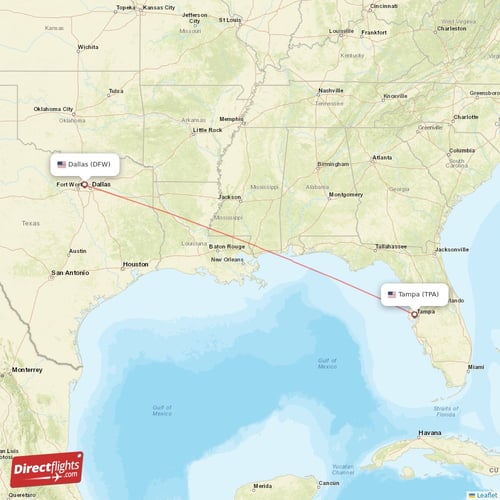Tampa - Dallas direct flight map