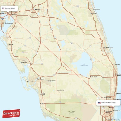 Tampa - Fort Lauderdale direct flight map