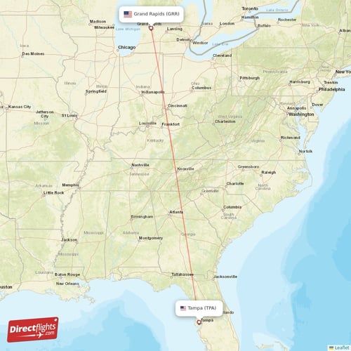 Tampa - Grand Rapids direct flight map