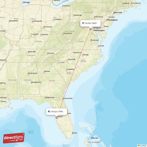 Tampa - Dulles direct flight map