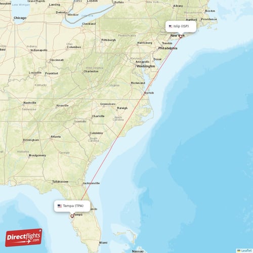 Tampa - Islip direct flight map