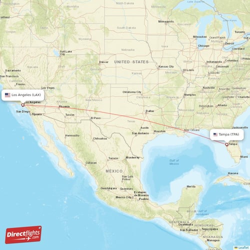 Tampa - Los Angeles direct flight map