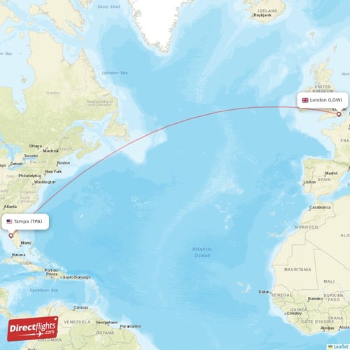 Tampa - London direct flight map