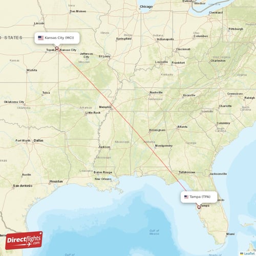 Tampa - Kansas City direct flight map