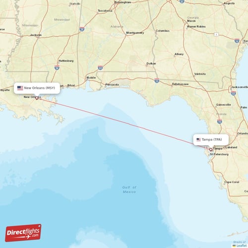 Tampa - New Orleans direct flight map