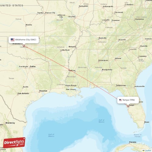 Tampa - Oklahoma City direct flight map