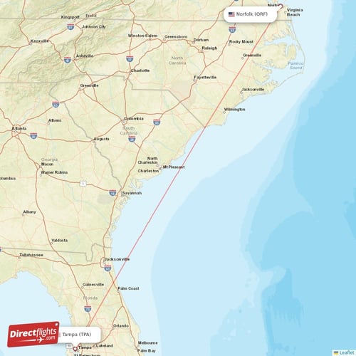 Tampa - Norfolk direct flight map