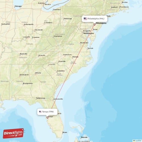 Tampa - Philadelphia direct flight map