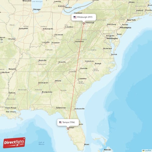 Tampa - Pittsburgh direct flight map