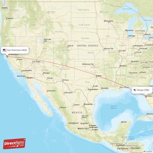 Tampa - San Francisco direct flight map