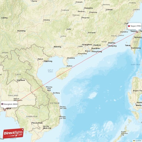 Taipei - Bangkok direct flight map