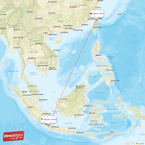 Taipei - Jakarta direct flight map
