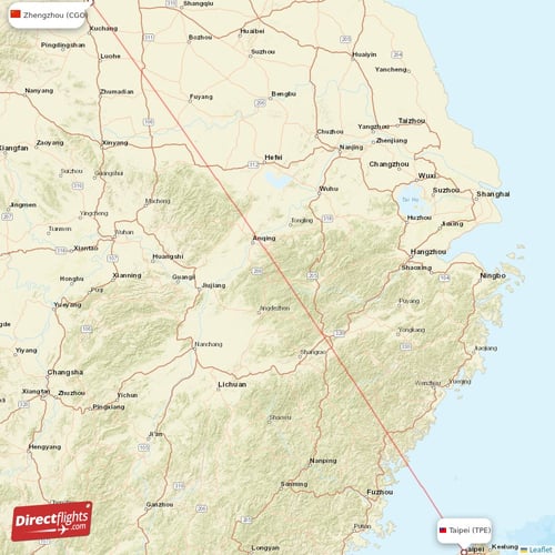 Taipei - Zhengzhou direct flight map
