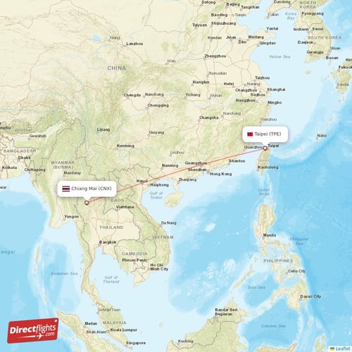 Taipei - Chiang Mai direct flight map