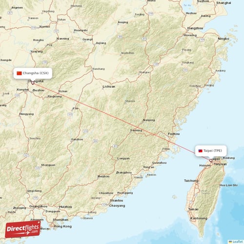 Taipei - Changsha direct flight map