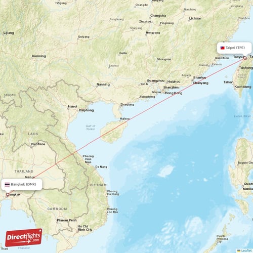 Taipei - Bangkok direct flight map