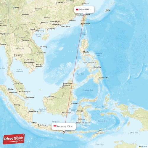 Taipei - Denpasar direct flight map