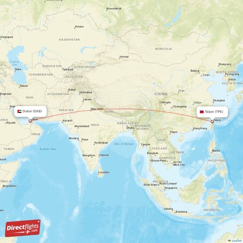 Taipei - Dubai direct flight map