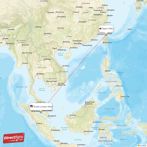 Taipei - Kuala Lumpur direct flight map