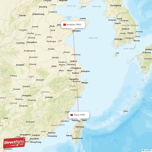 Taipei - Qingdao direct flight map