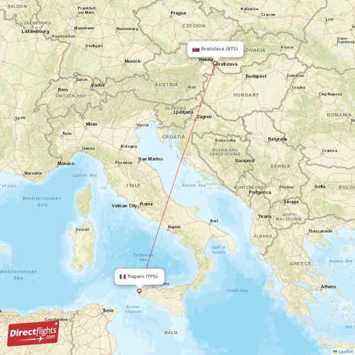 Trapani - Bratislava direct flight map