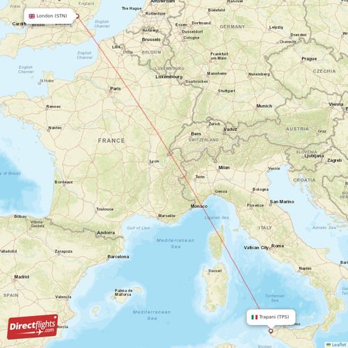 Trapani - London direct flight map