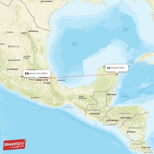 TULUM - Mexico City direct flight map