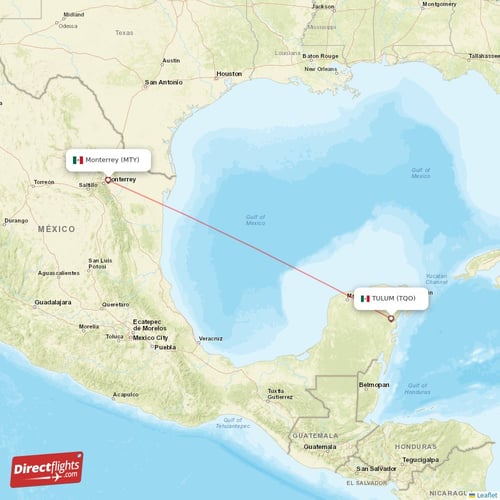 TULUM - Monterrey direct flight map