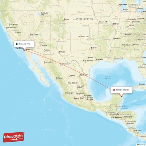 TULUM - Tijuana direct flight map