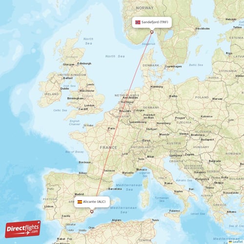 Sandefjord - Alicante direct flight map
