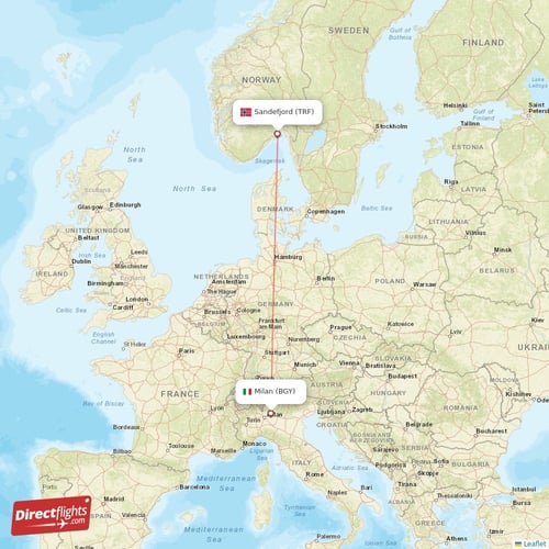 Sandefjord - Milan direct flight map