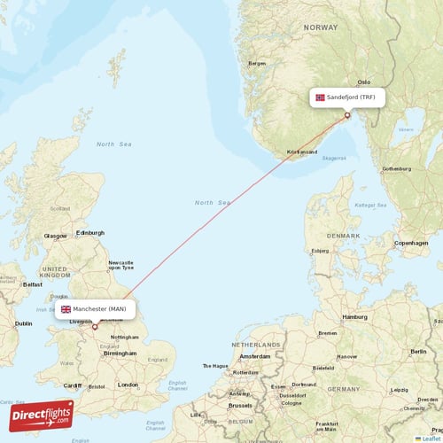 Sandefjord - Manchester direct flight map