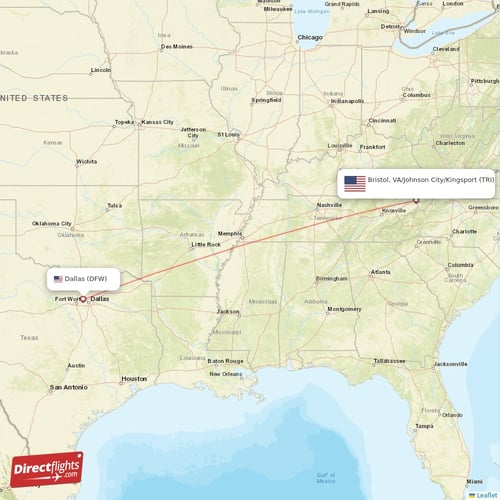 Bristol, VA/Johnson City/Kingsport - Dallas direct flight map