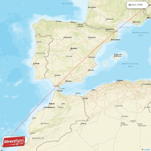 Turin - Lanzarote direct flight map