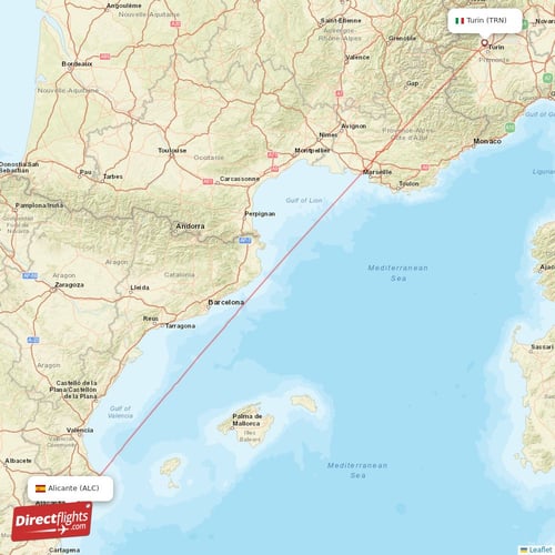 Turin - Alicante direct flight map