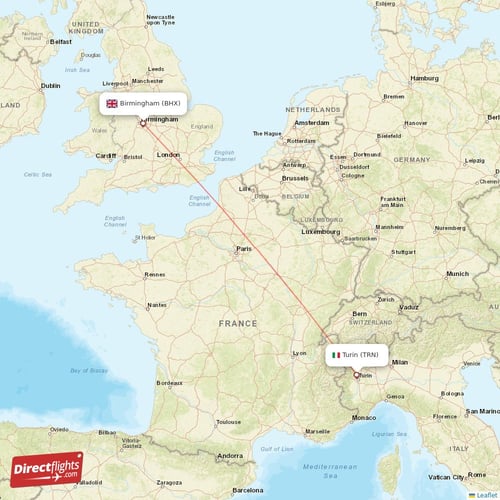 Turin - Birmingham direct flight map
